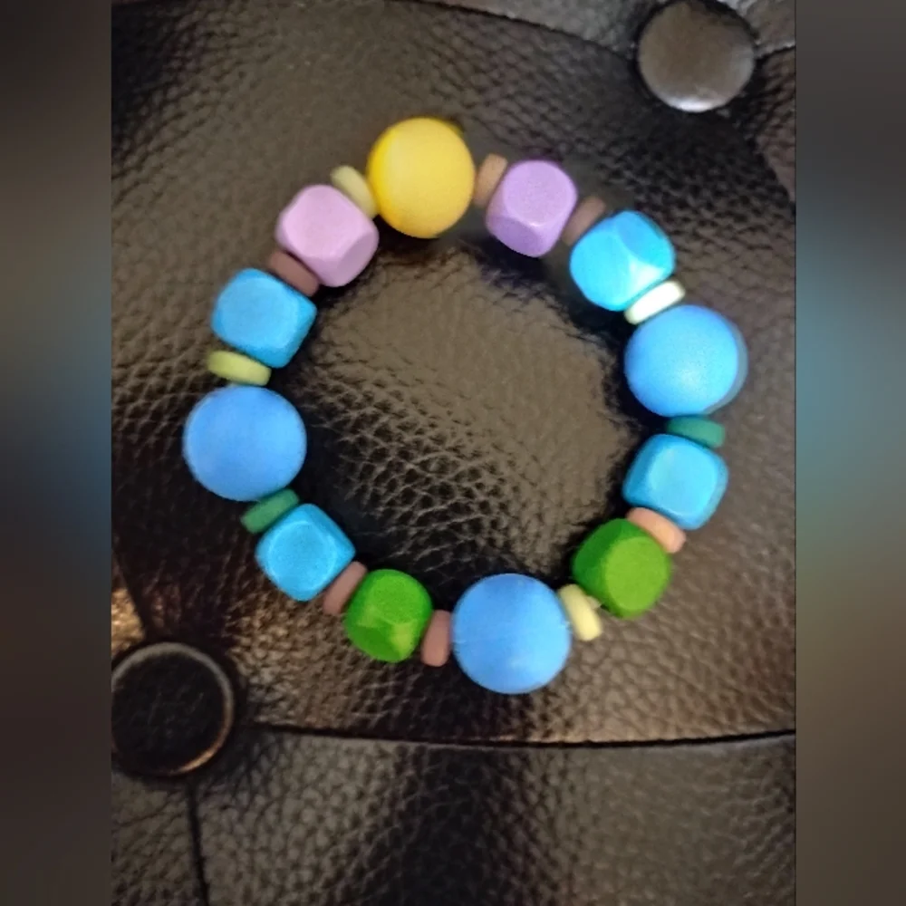 Colorful Wooden & Silicone Beaded Kids Bracelet On Double Stretchy Strings